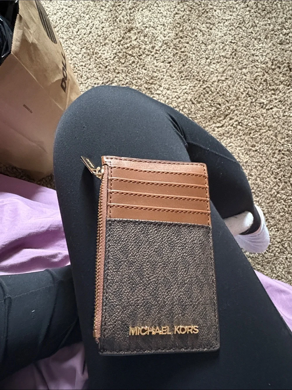 Michael Kors Brown & Tan Logo Card Holder with Zip